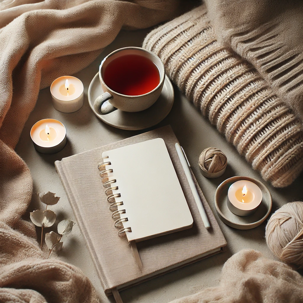 Flat lay of cozy items, representing the essence of the soft life movement.