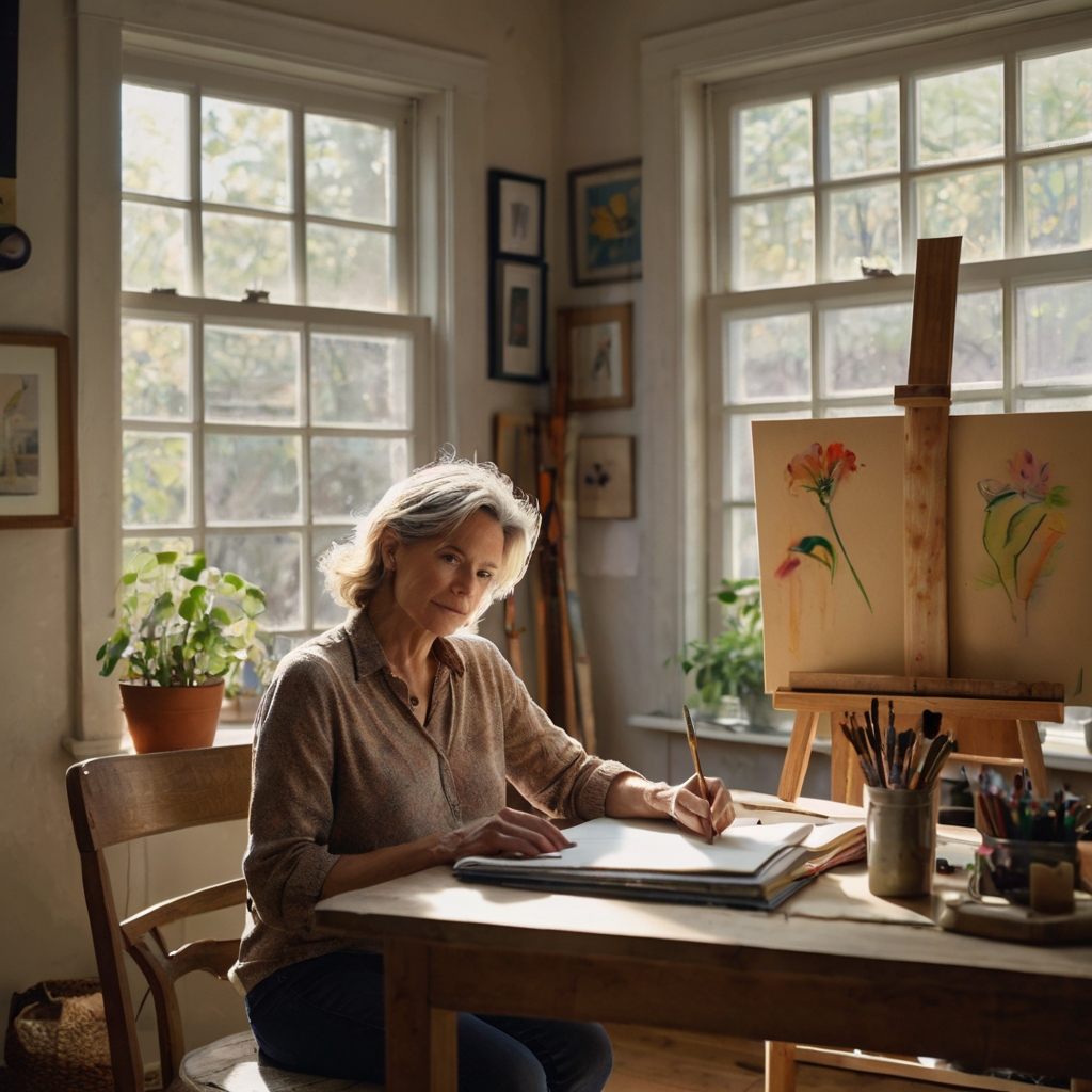 "Midlife woman painting at an easel in a sunlit room with a journal and art supplies on a rustic table, symbolizing creative reinvention and mindfulness."