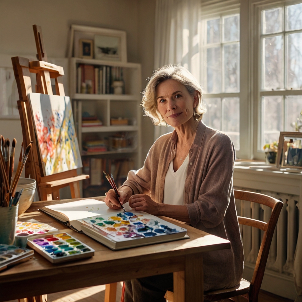 "Midlife woman painting at an easel in a sunlit room with a journal and art supplies on a rustic table, symbolizing creative reinvention and mindfulness."