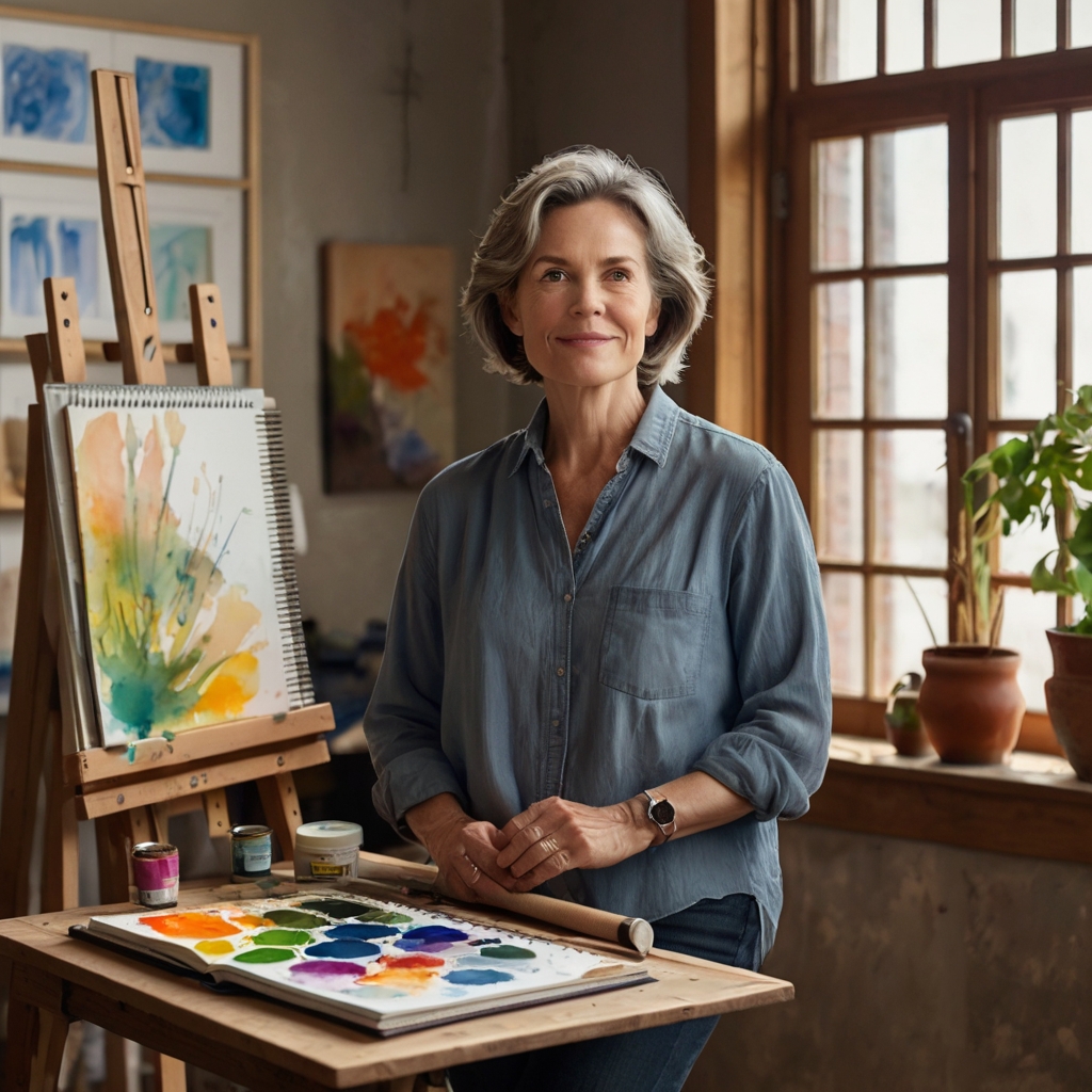 "Midlife woman painting at an easel in a sunlit room with a journal and art supplies on a rustic table, symbolizing creative reinvention and mindfulness."