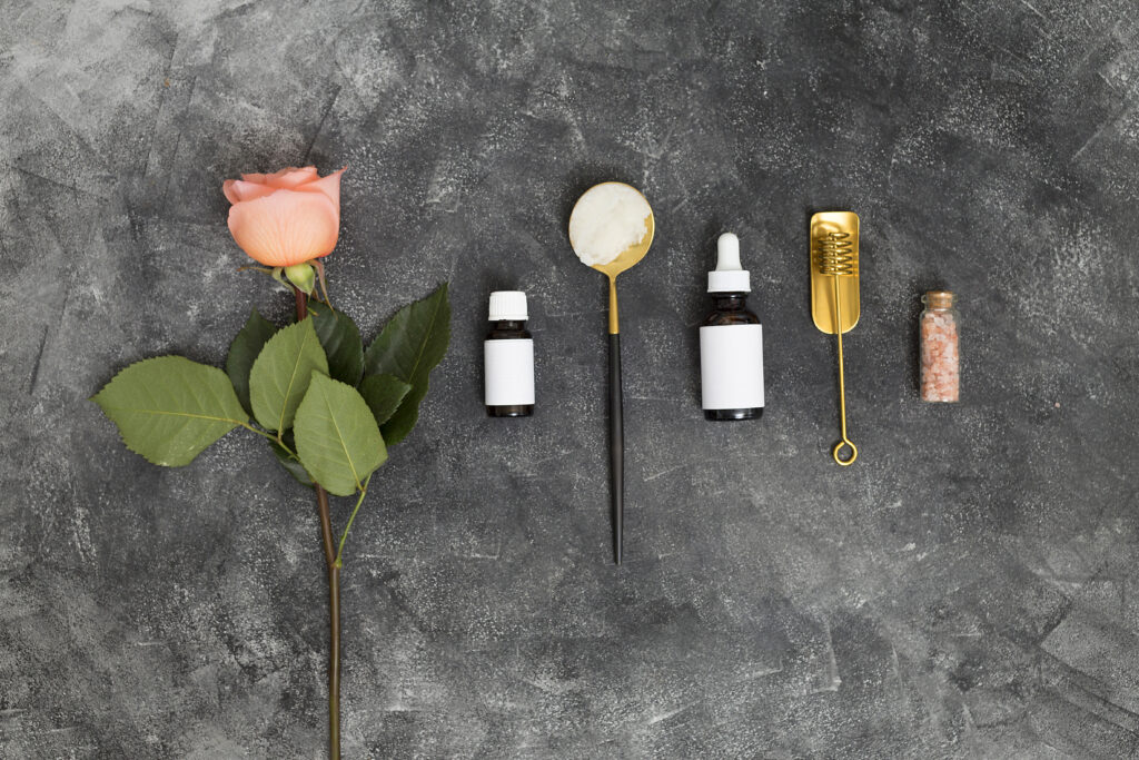 Luxurious skincare products arranged flat‑lay for midlife women.”